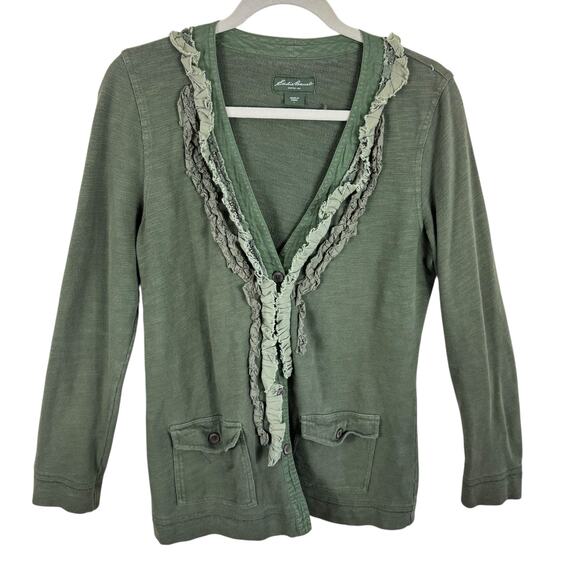 Eddie Bauer 100% Cotton Green Terry Cloth Ruffled V-Neck Sweatshirt Cardi Size L - Picture 1 of 6